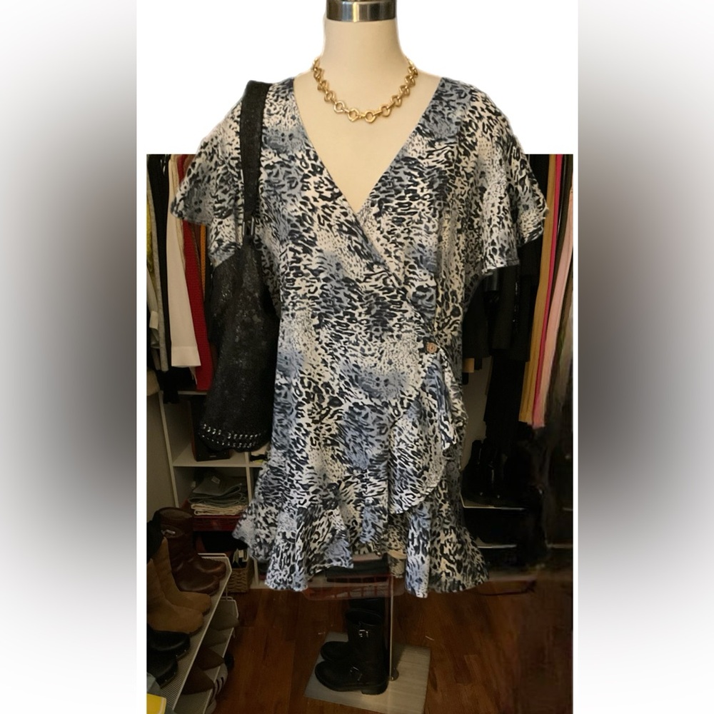 Cute Boho - Blue, Black and White Animal Print Wrap Dress. Flowy